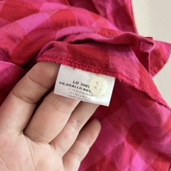 Vilagallo Top Womens 40 Red Pink Plaid Button Up Summer Preppy Beach Casual - Picture 5 of 9